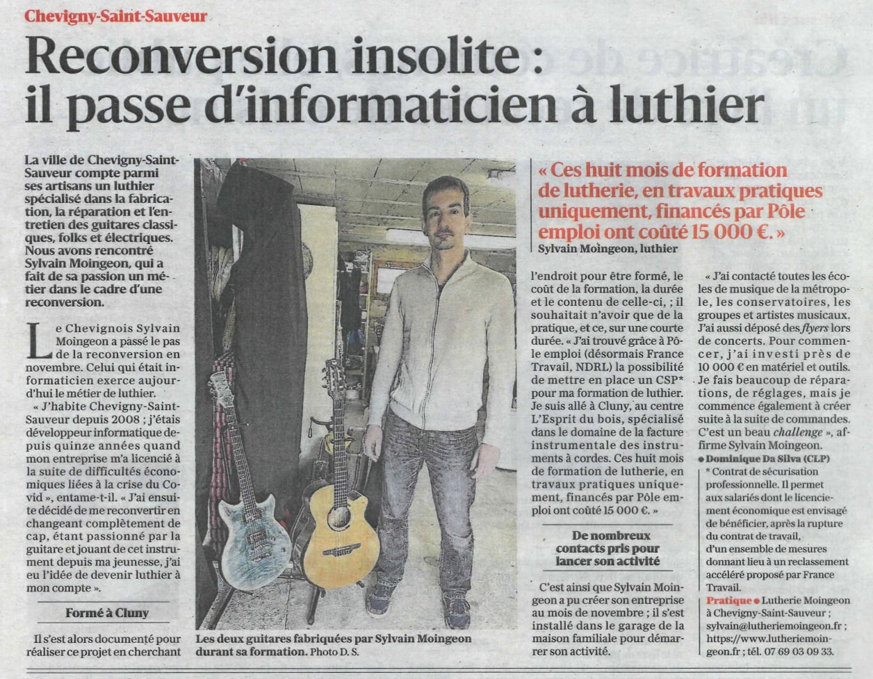 Article sur Lutherie Moingeon, dans le bien public du 25 janvier 2025